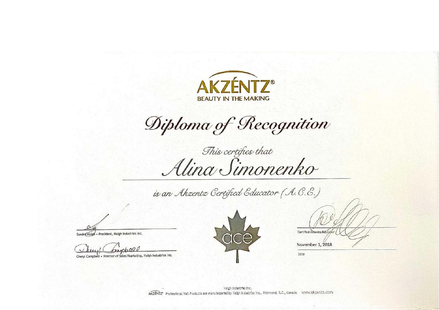 Akzentz Certified Educator diploma awarded to Alina Symonenko