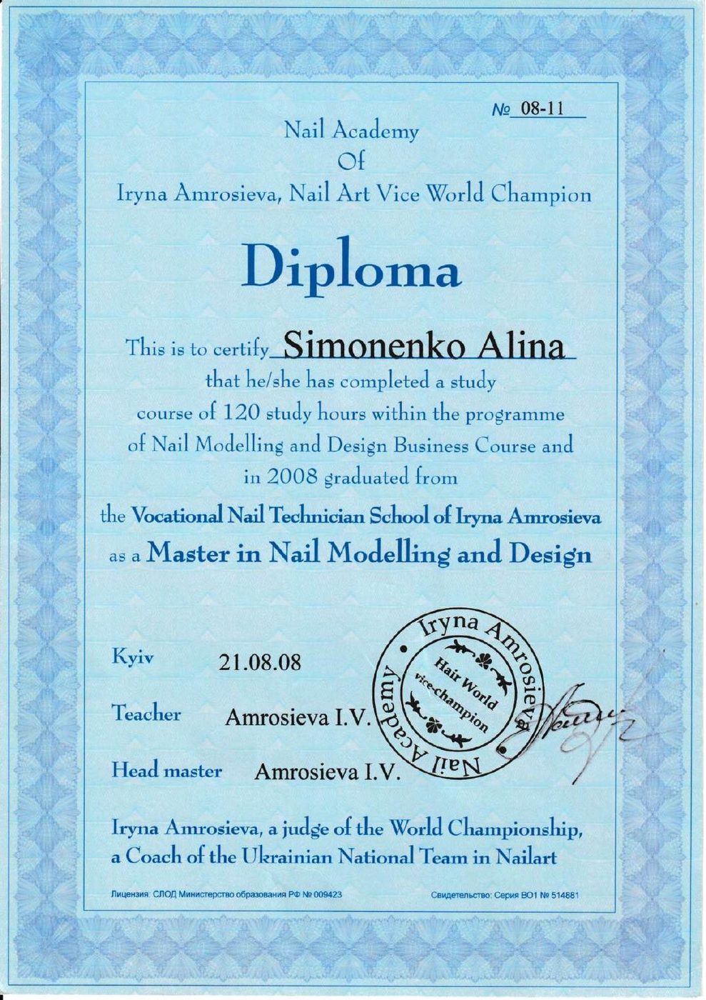 Diploma of Master in Nail Modelling and Design awarded to Alina Symonenko