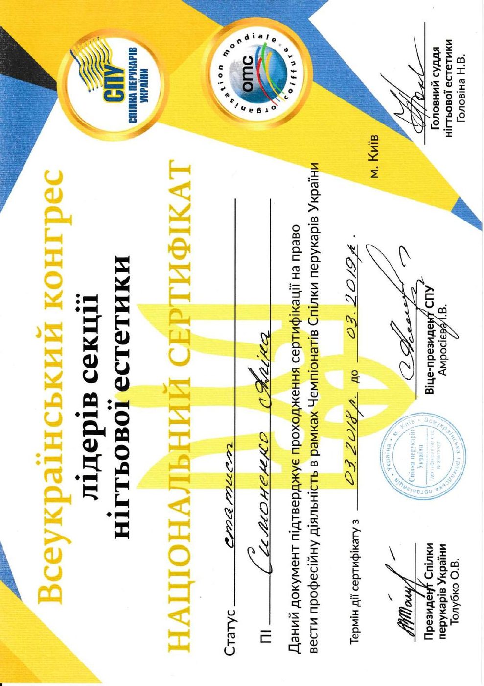 National certificate in nail aesthetics awarded to Alina Symonenko