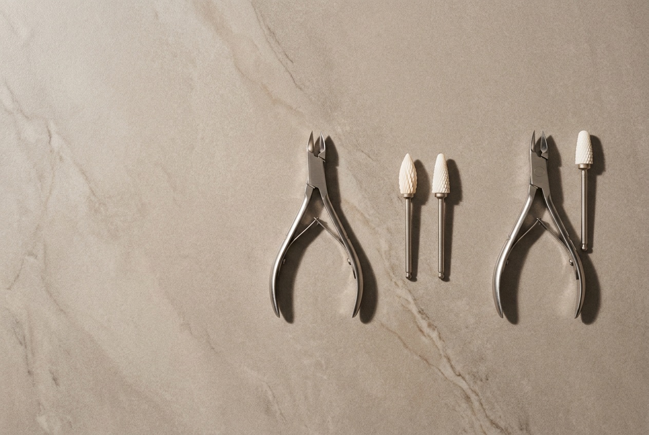 Steel cuticle nipper and ceramic e-file bits laid out for classic, e-file and combination manicure