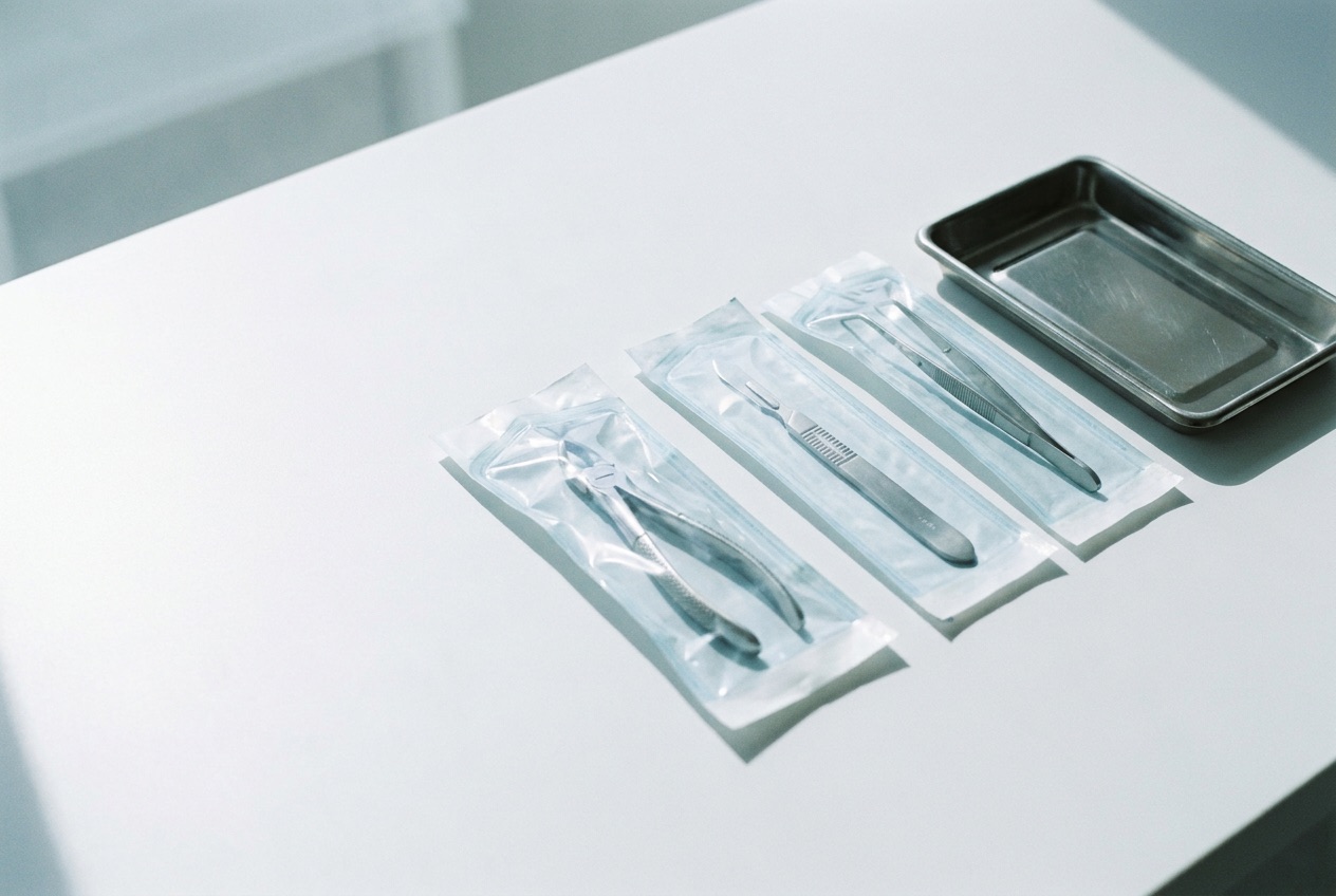 Sealed sterilisation pouches with metal instruments in a nail salon