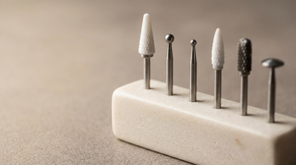 Nail drill bits: six bits standing in a holder