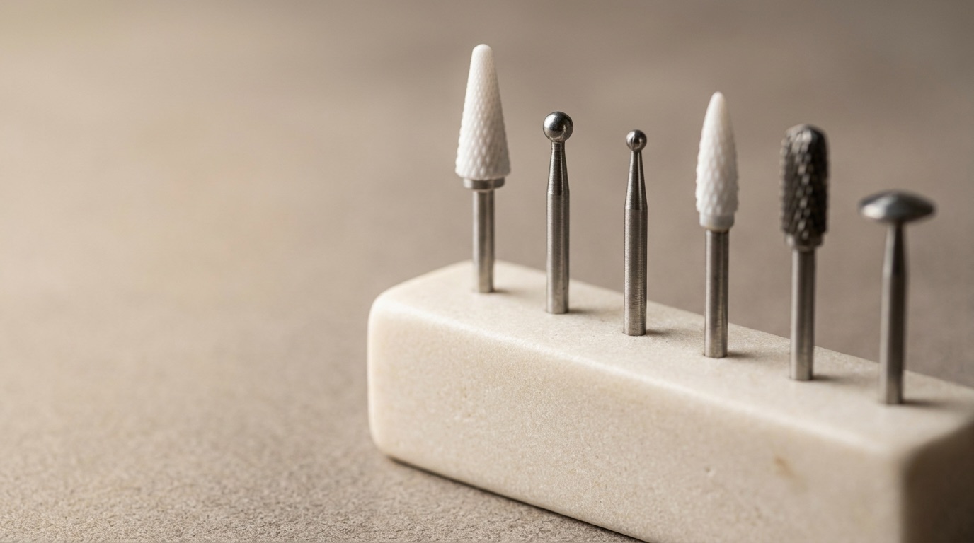 Six nail drill bits standing upright in a stone holder