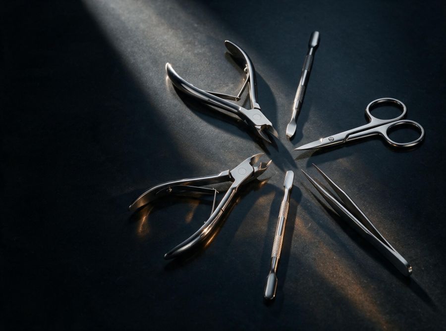 Polished steel manicure instruments for the Perfect Classic PRO course