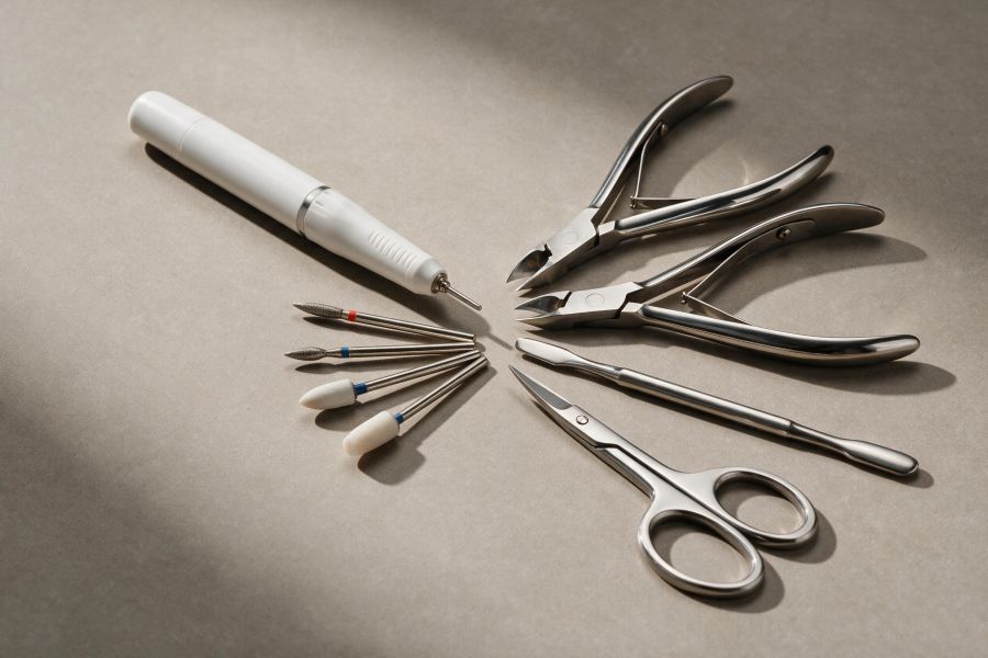 Nail drill bits and steel instruments for the combi manicure course